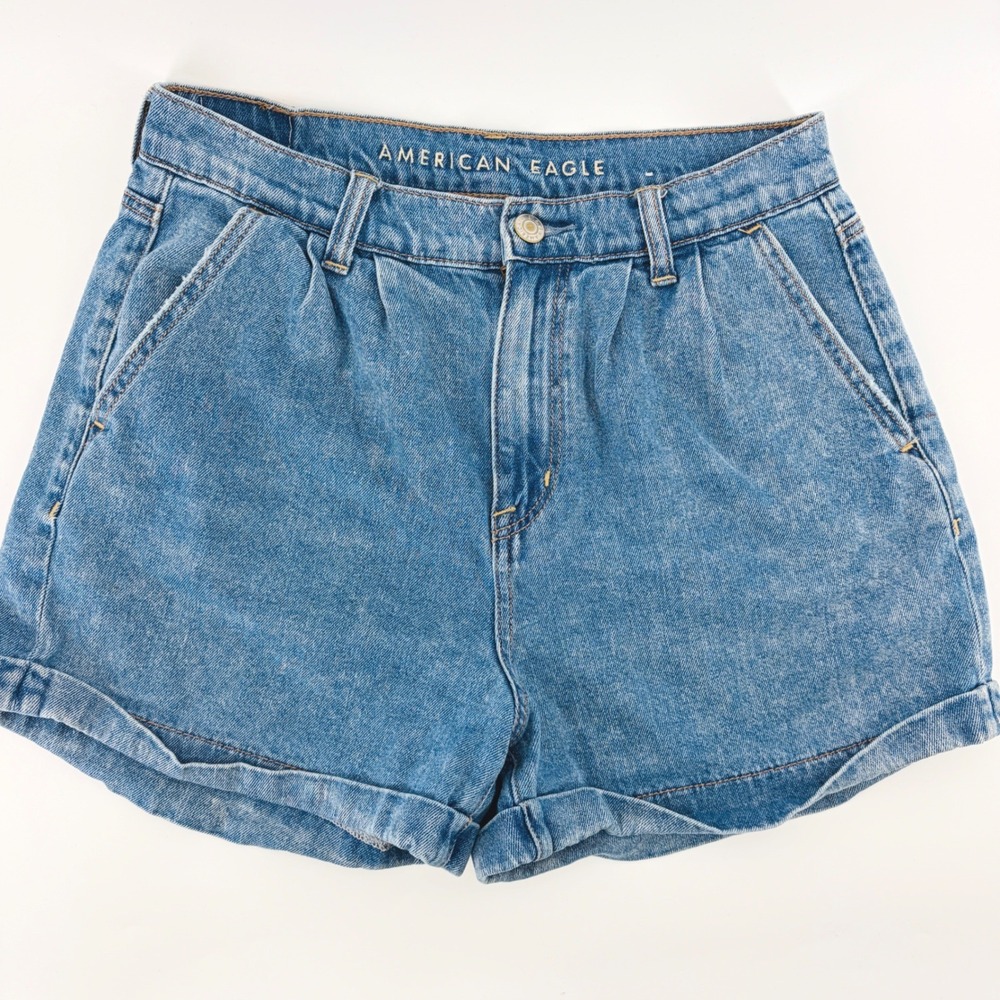 American Eagle Shorts Mom Womens 4 Blue High Waisted Pleated Denim Cuffed Boho